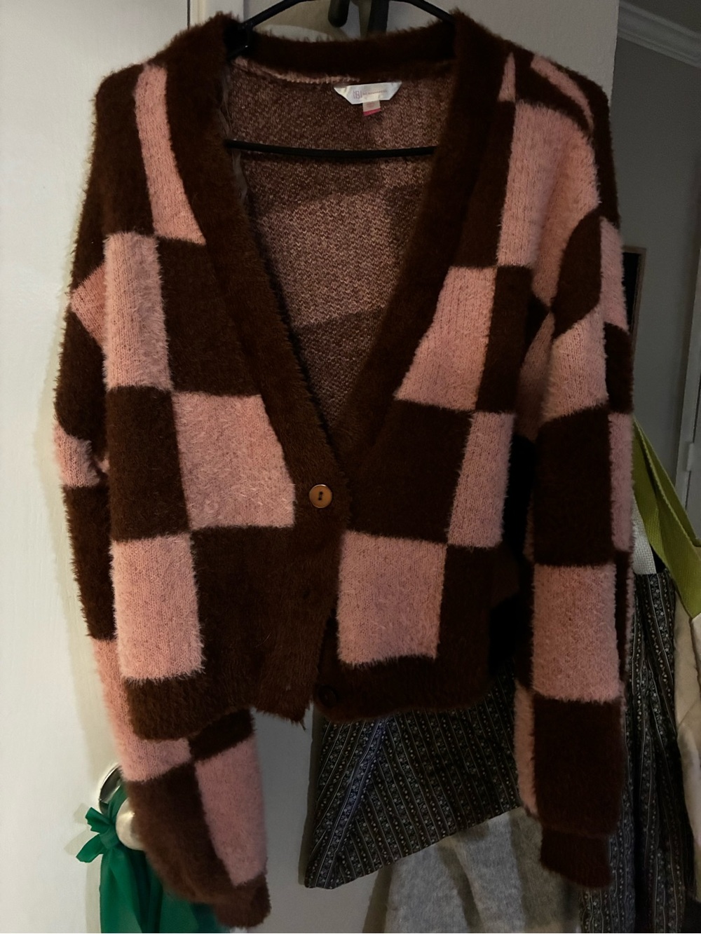 No Boundaries Pink and Brown Checkerboard V-Neck Cardigan